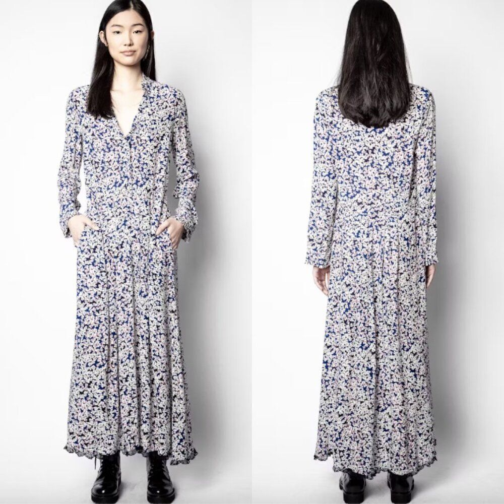 Zadig & Voltaire Blue White Begonia Floral Silk Relic Black Lace Trim Maxi Dress